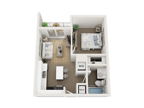 Floor plan for 1 bed, 1 bath, 597 sqft